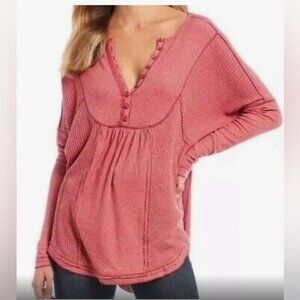 Free People Thermal Top Size Medium Leo Henley Oversized Waffle Knit Rose pink
